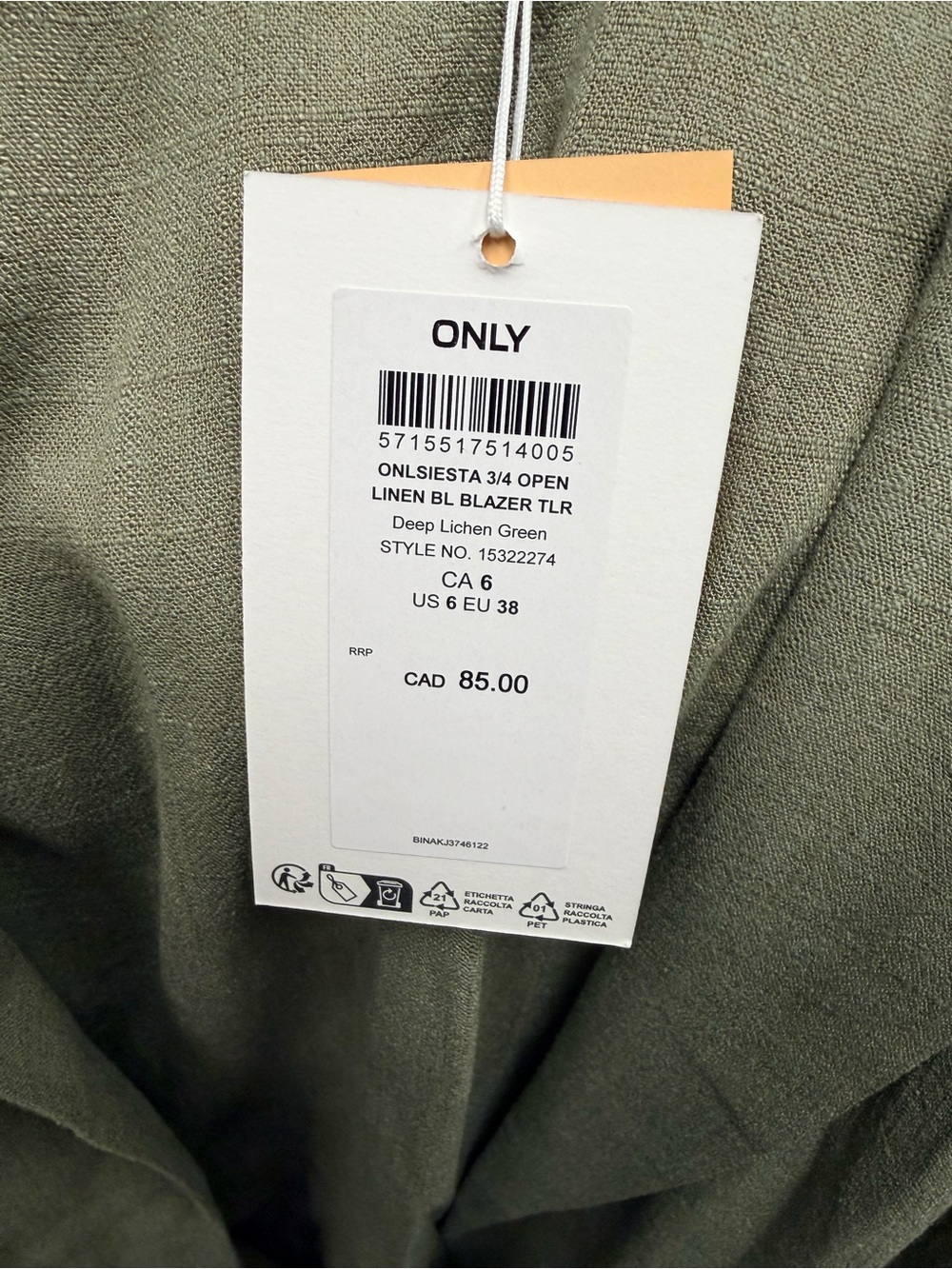 ONLY Deep Lichen Green Linen Blazer - Olive Green